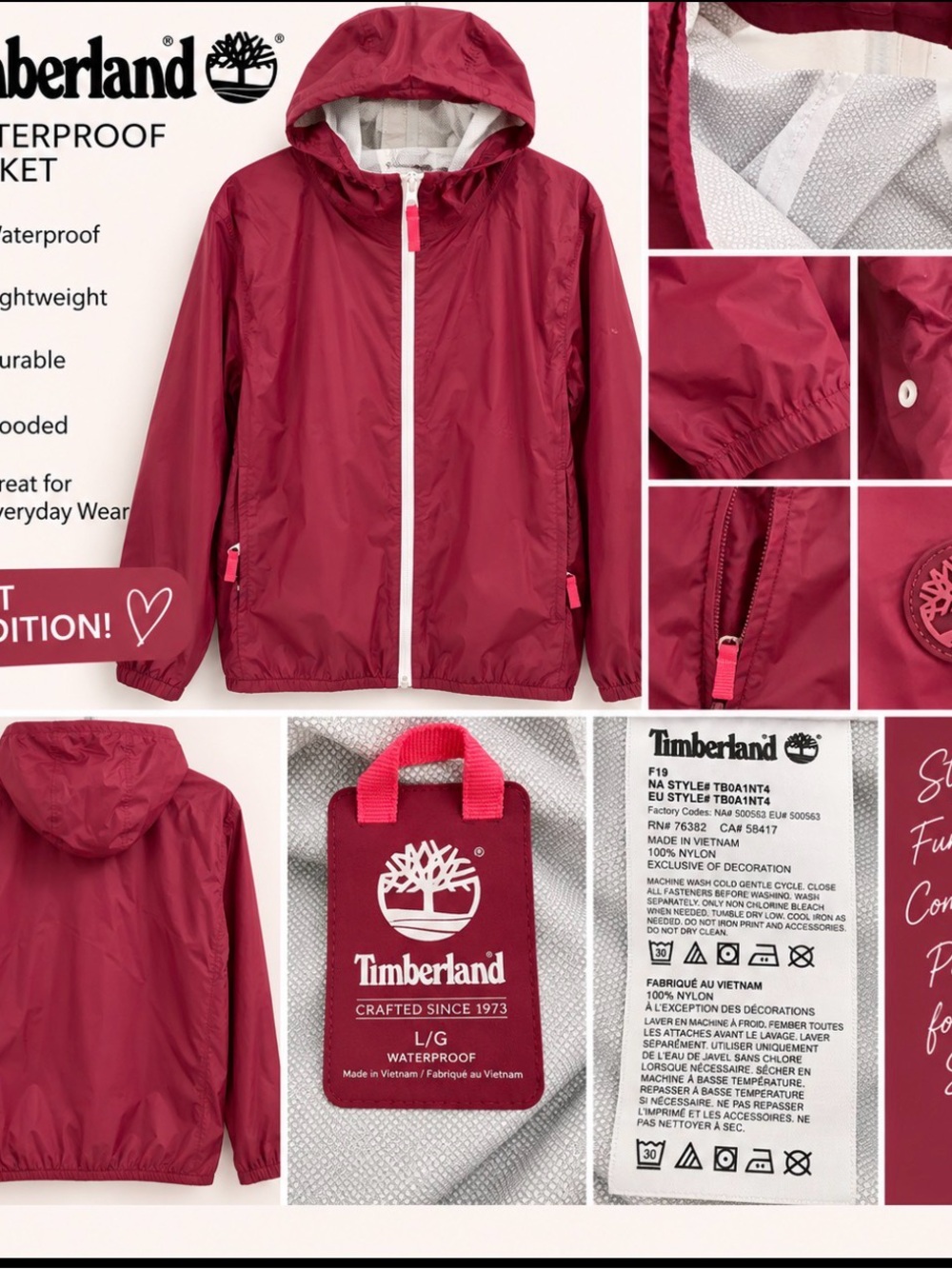 Timberland Kids Waterproof Hooded Jacket in Burgundy with White Trim